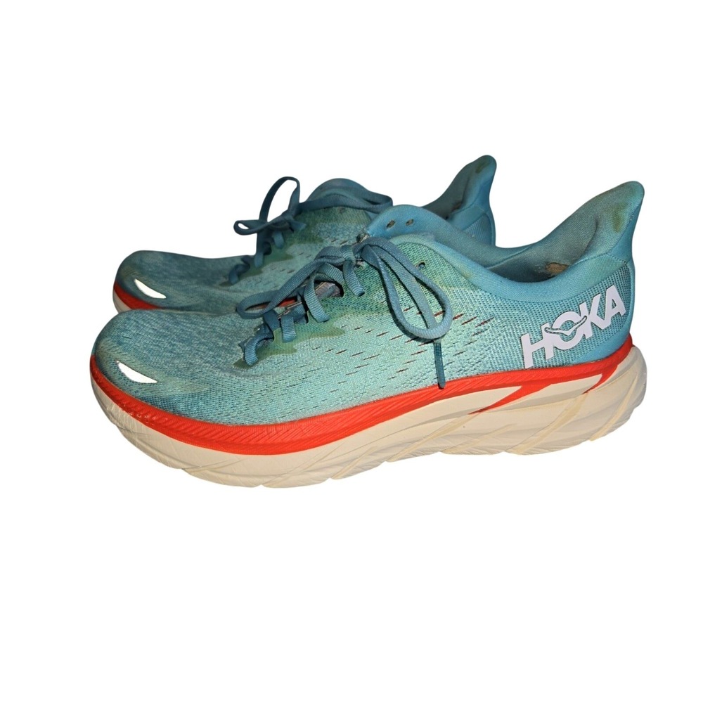 Hoka One One Clifton 8 Womans Running Shoes Blue‎ Red White Lace Up Low Top